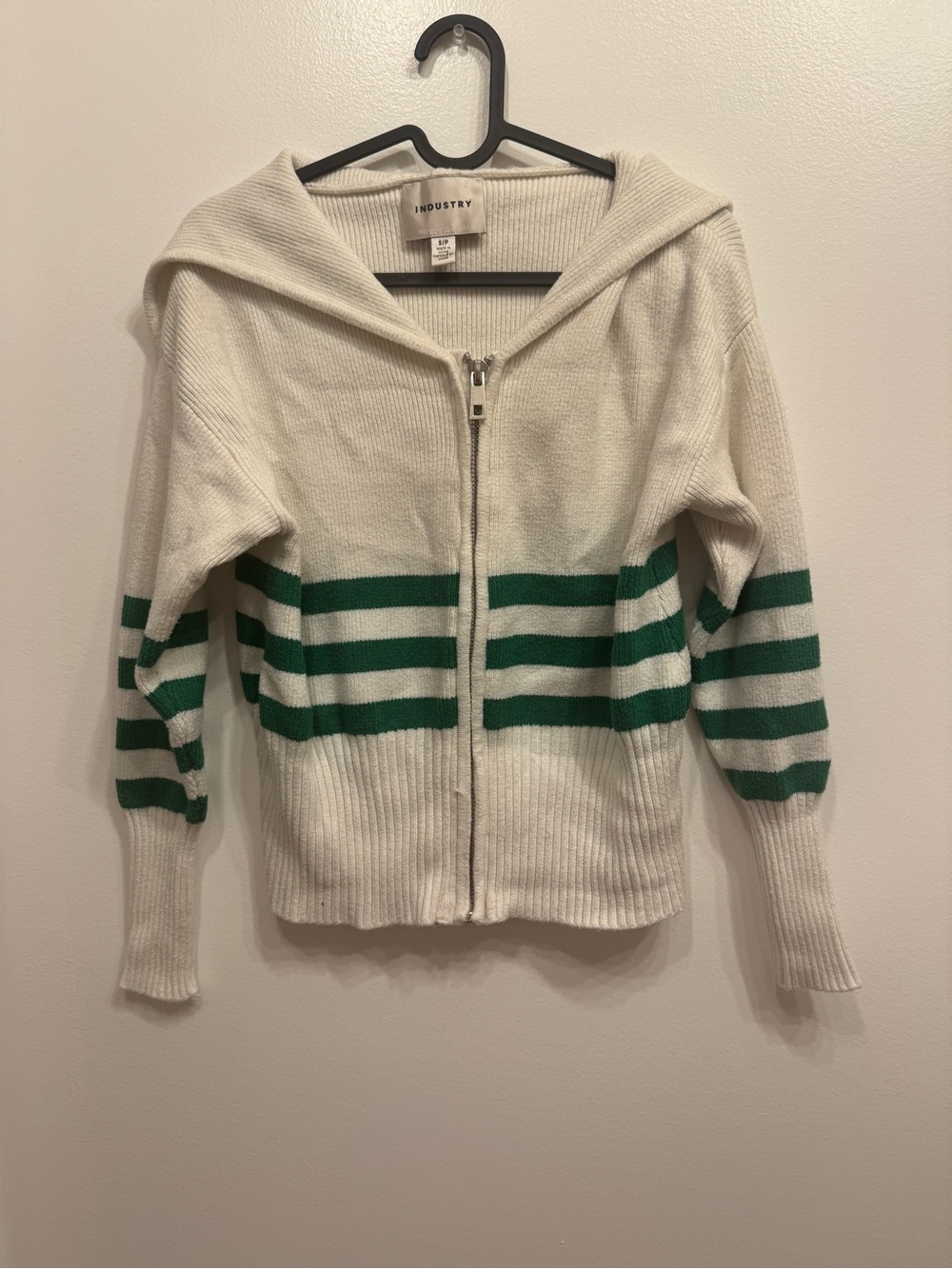 Industry White Zip-Up Hooded Sweater with Green Stripes
